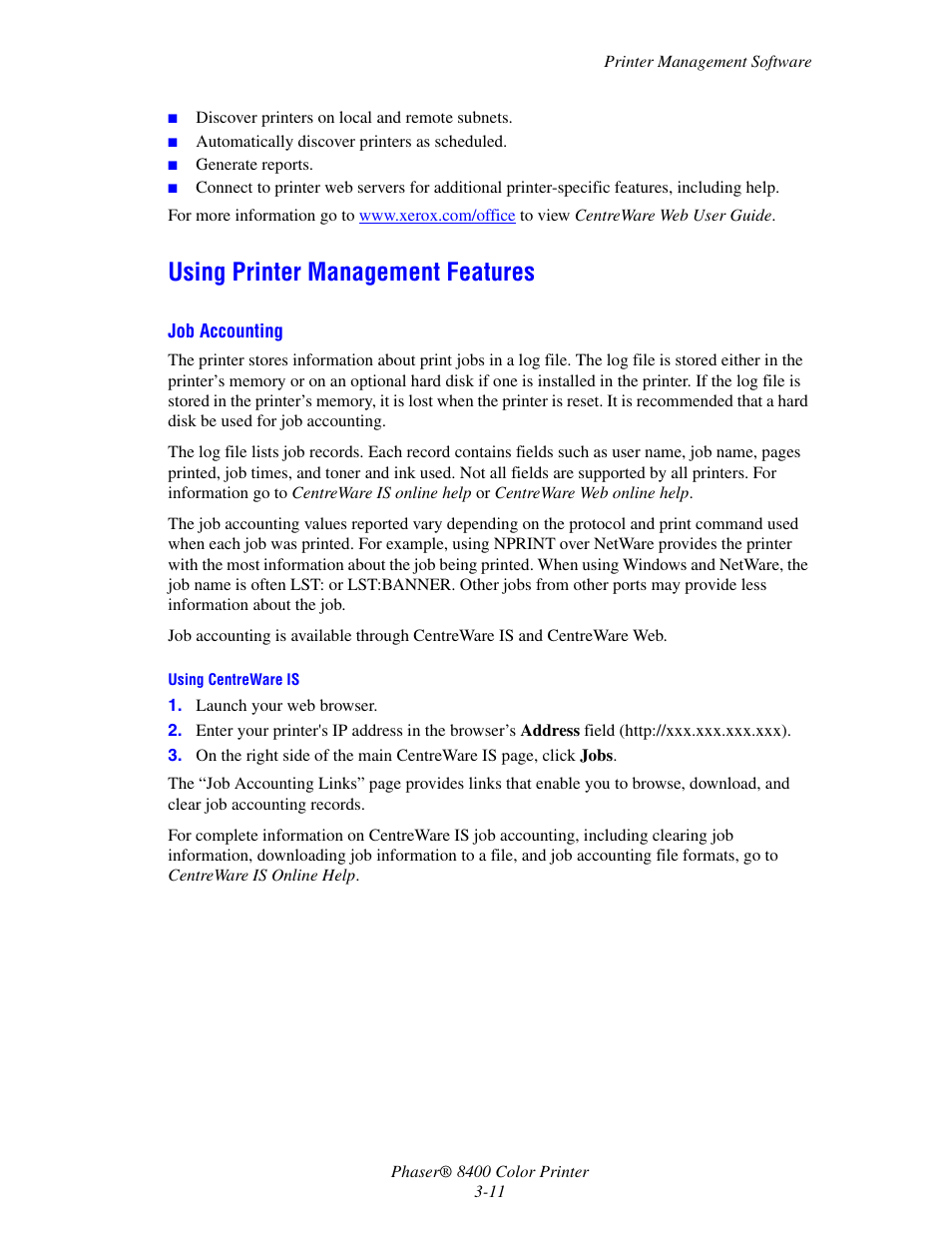Using printer management features, Using printer management features -11 | Xerox Phaser Color Printer 8400 User Manual | Page 107 / 203