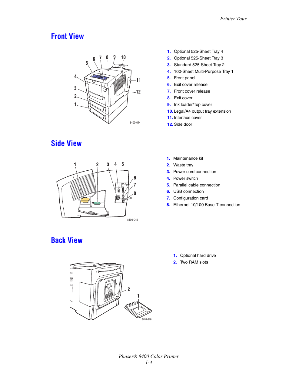 Front view, Side view, Back view | Front view -4 side view -4 back view -4, Front view side view back view | Xerox Phaser Color Printer 8400 User Manual | Page 11 / 203