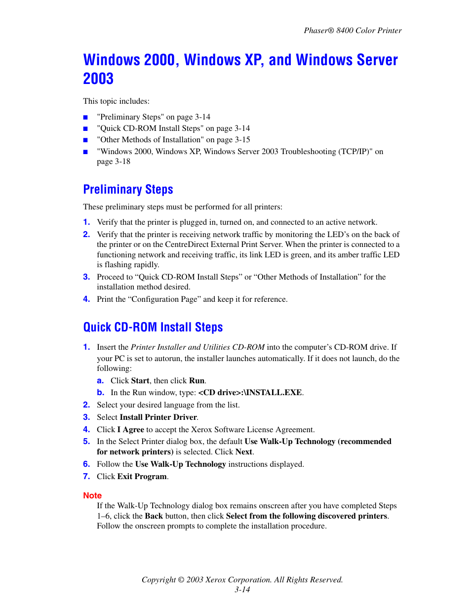 Windows 2000, windows xp, and windows server 2003, Preliminary steps, Quick cd-rom install steps | Xerox Phaser Color Printer 8400 User Manual | Page 110 / 203