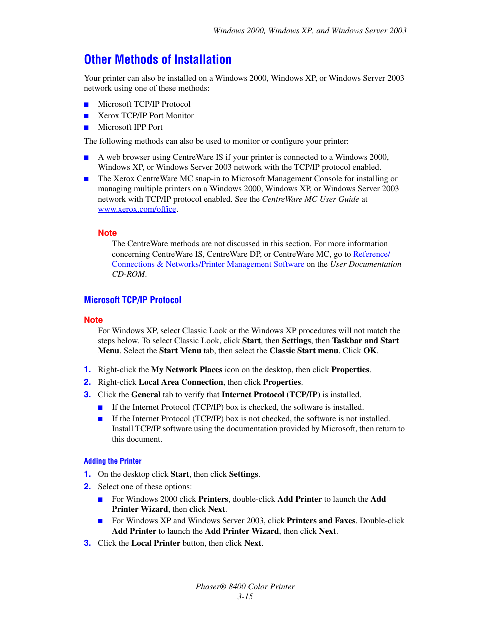 Other methods of installation, Other methods of installation -15 | Xerox Phaser Color Printer 8400 User Manual | Page 111 / 203