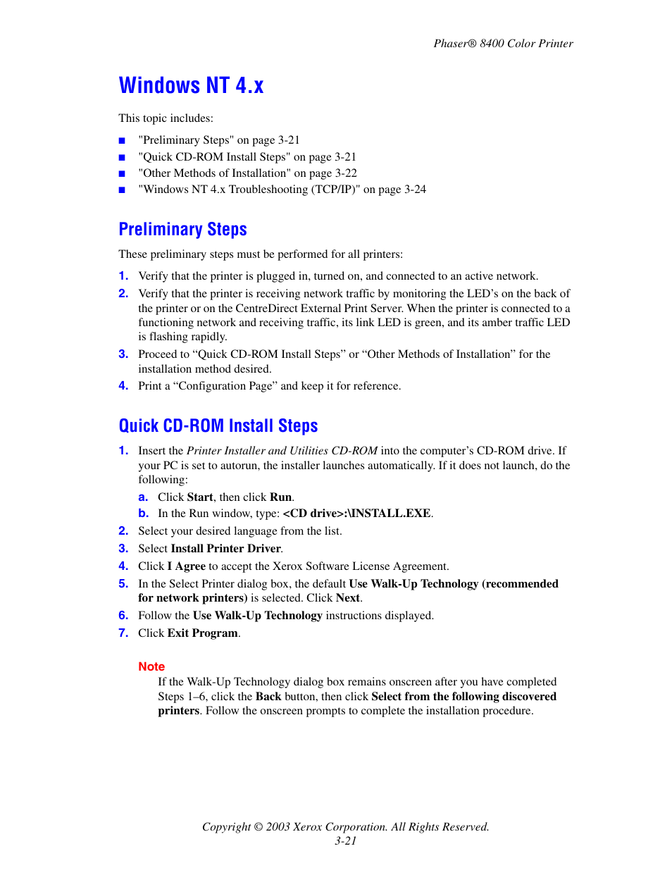 Windows nt 4.x, Preliminary steps, Quick cd-rom install steps | Windows nt 4.x -21 | Xerox Phaser Color Printer 8400 User Manual | Page 117 / 203