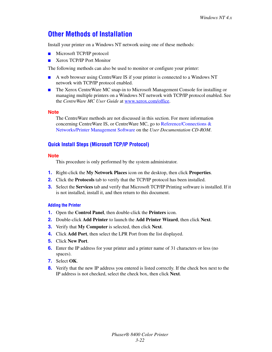 Other methods of installation, Other methods of installation -22 | Xerox Phaser Color Printer 8400 User Manual | Page 118 / 203