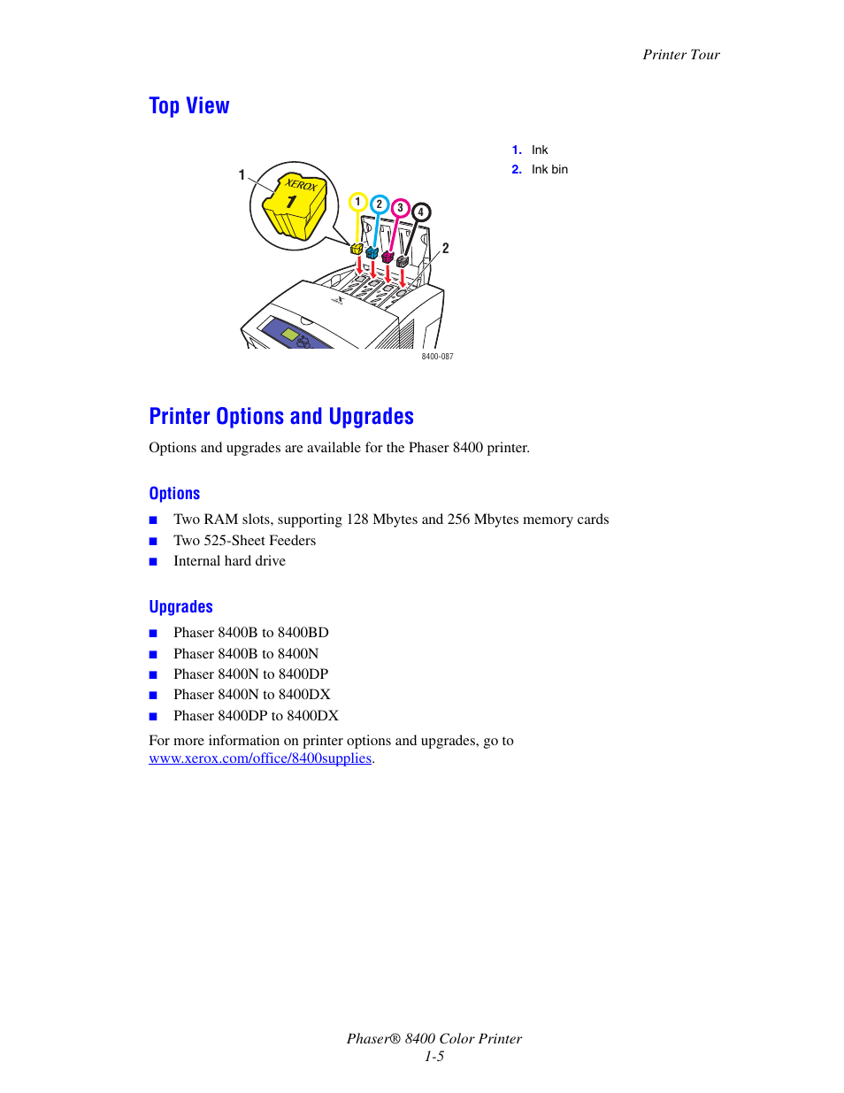 Top view, Printer options and upgrades, Top view -5 printer options and upgrades -5 | Top view printer options and upgrades | Xerox Phaser Color Printer 8400 User Manual | Page 12 / 203