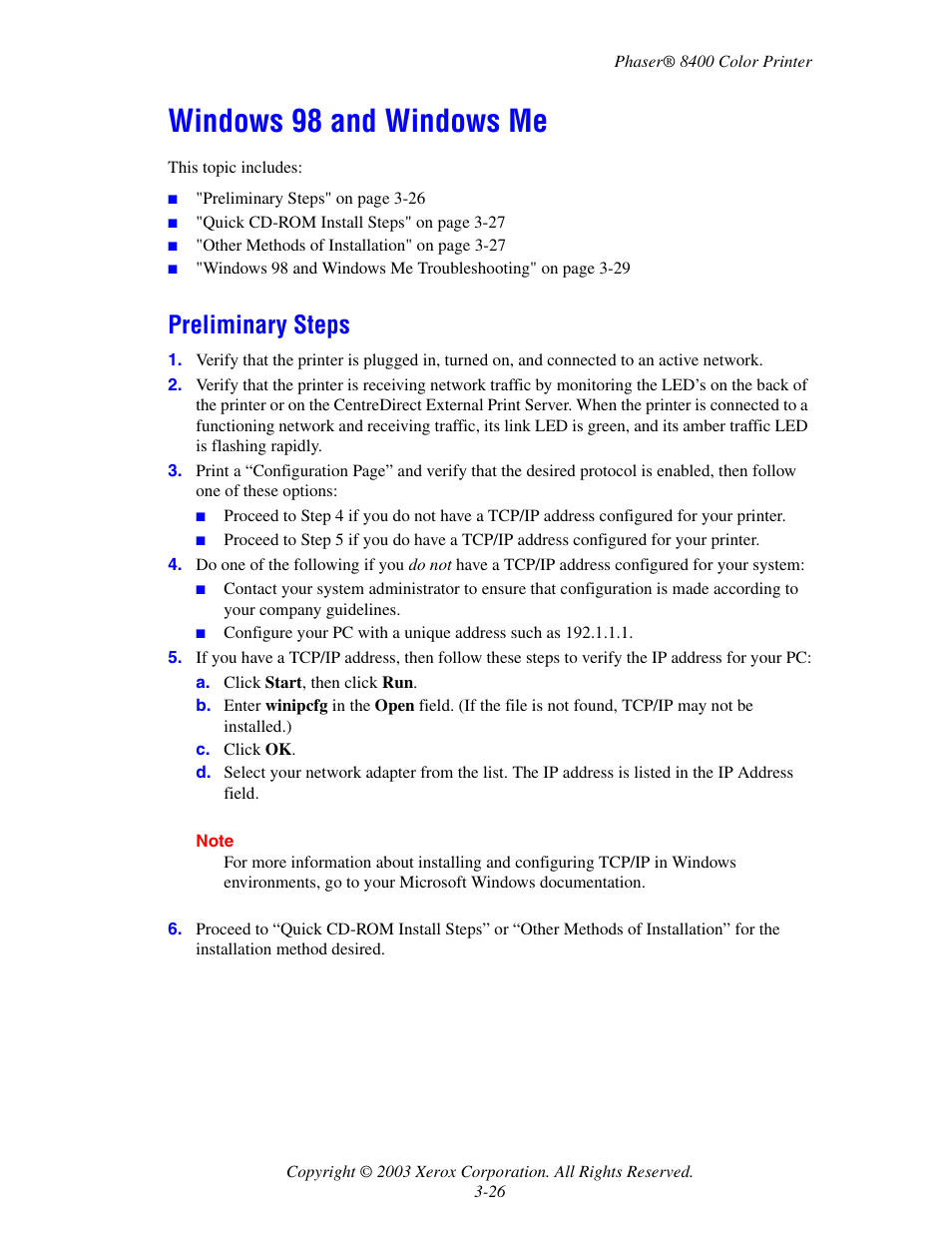 Windows 98 and windows me, Preliminary steps, Windows 98 and windows me -26 | Preliminary steps -26 | Xerox Phaser Color Printer 8400 User Manual | Page 122 / 203