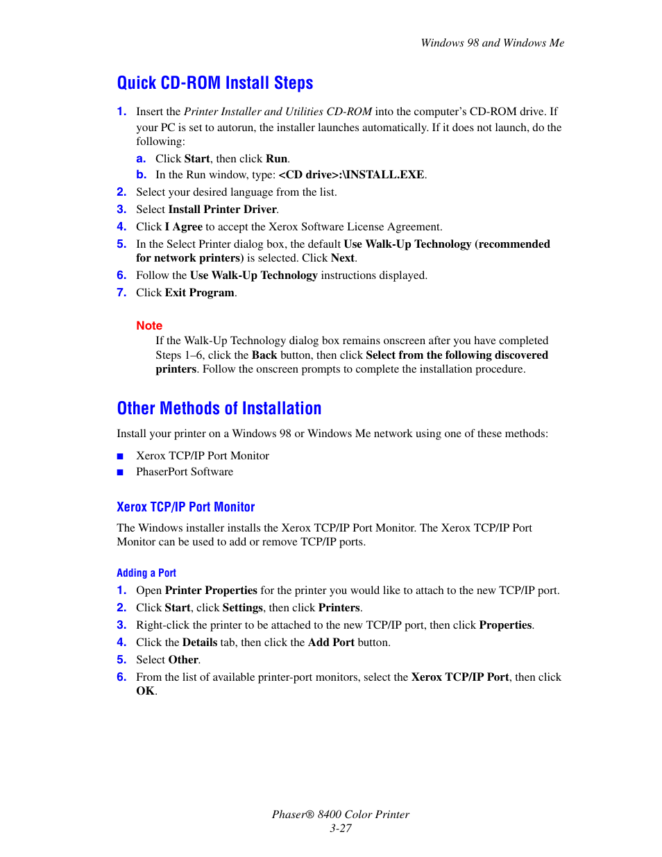 Quick cd-rom install steps, Other methods of installation | Xerox Phaser Color Printer 8400 User Manual | Page 123 / 203