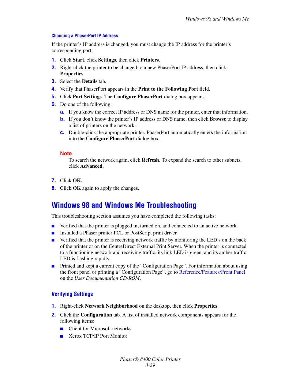 Windows 98 and windows me troubleshooting, Windows 98 and windows me troubleshooting -29 | Xerox Phaser Color Printer 8400 User Manual | Page 125 / 203