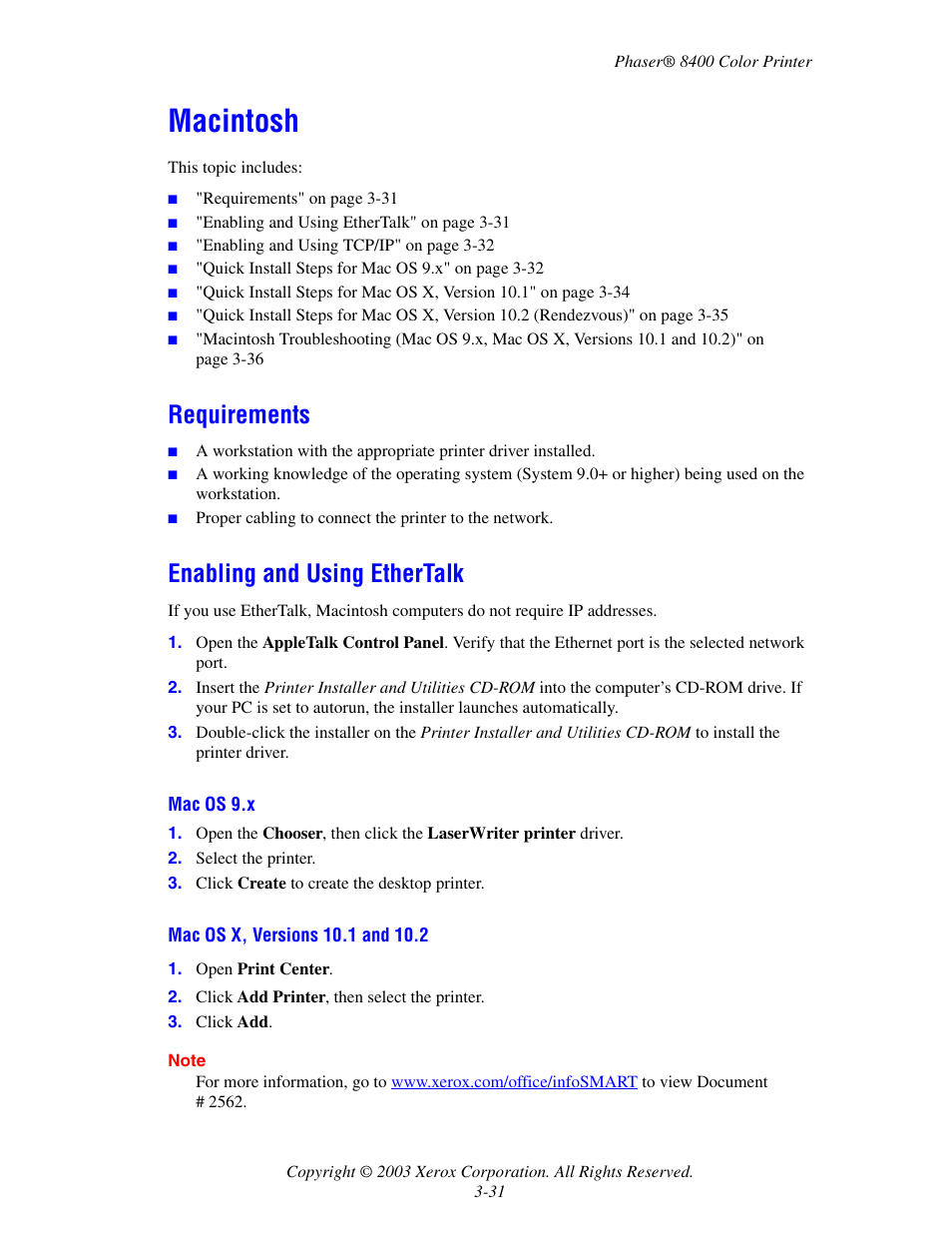 Macintosh, Requirements, Enabling and using ethertalk | Macintosh -31, Requirements -31 enabling and using ethertalk -31 | Xerox Phaser Color Printer 8400 User Manual | Page 127 / 203