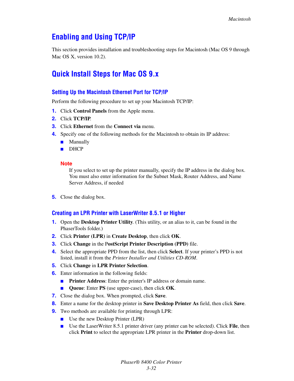 Enabling and using tcp/ip, Quick install steps for mac os 9.x | Xerox Phaser Color Printer 8400 User Manual | Page 128 / 203