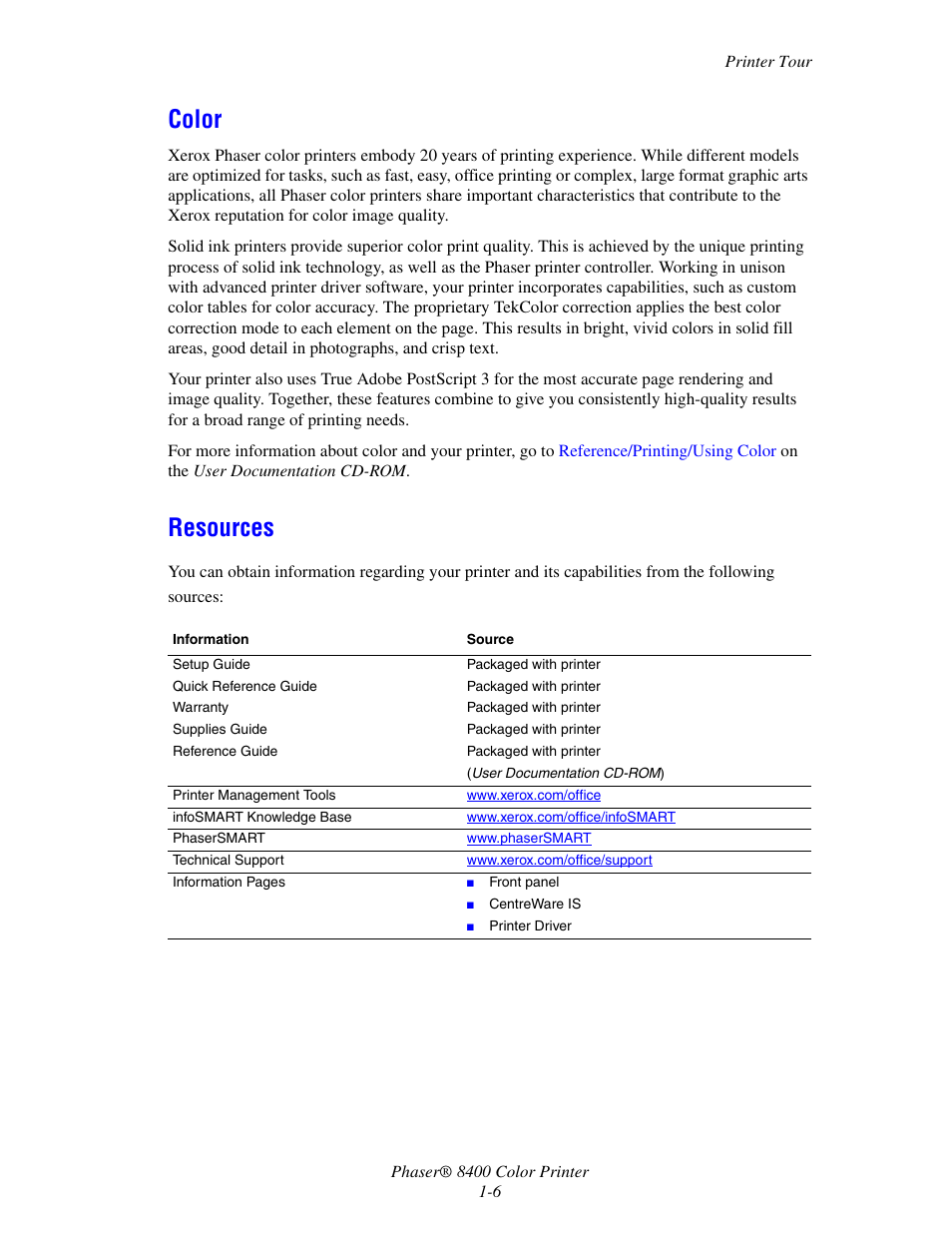 Color, Resources, Color -6 resources -6 | Xerox Phaser Color Printer 8400 User Manual | Page 13 / 203