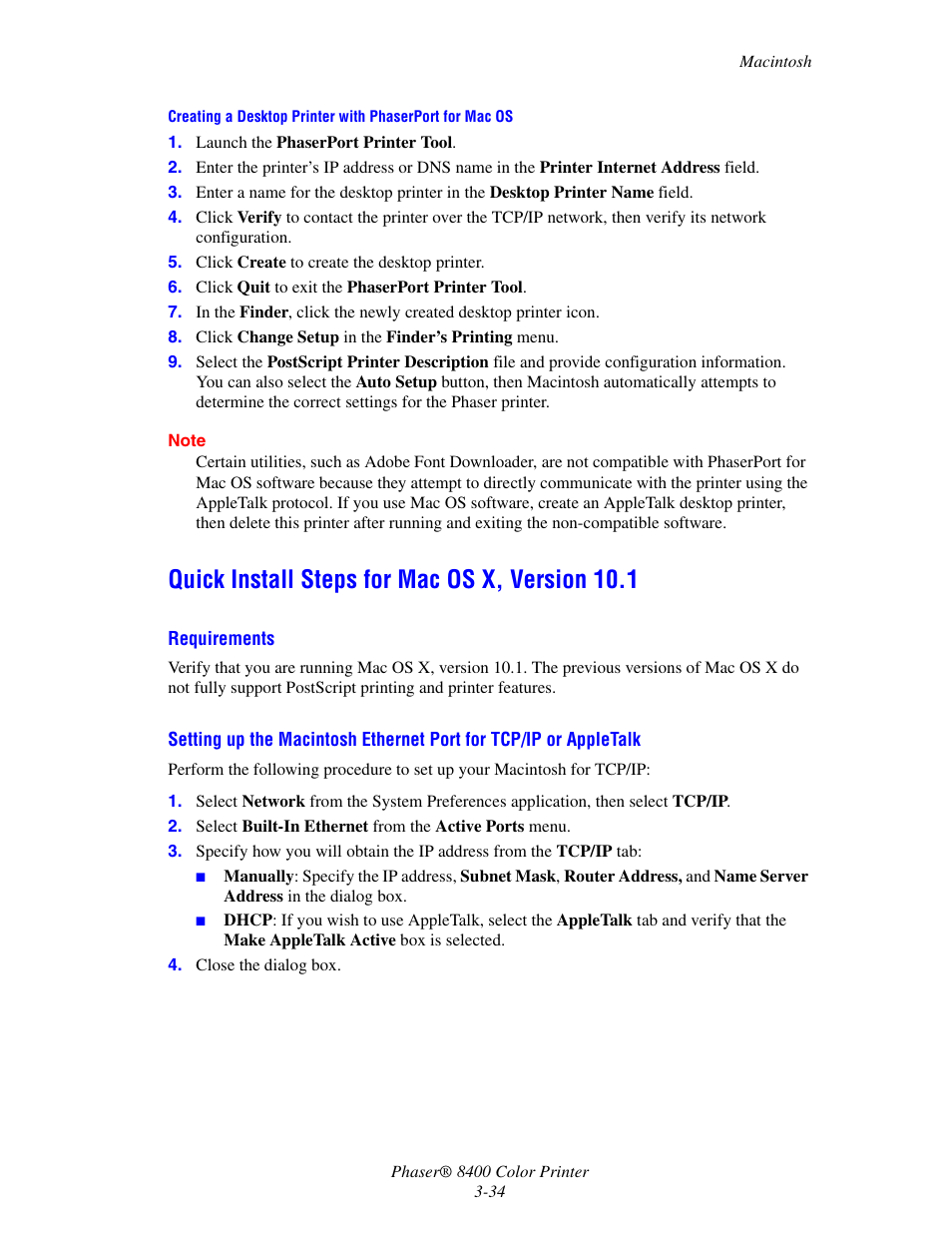 Quick install steps for mac os x, version 10.1, Quick install steps for mac os x, version 10.1 -34 | Xerox Phaser Color Printer 8400 User Manual | Page 130 / 203