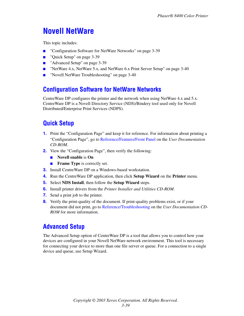 Novell netware, Configuration software for netware networks, Quick setup | Advanced setup, Novell netware -39 | Xerox Phaser Color Printer 8400 User Manual | Page 135 / 203