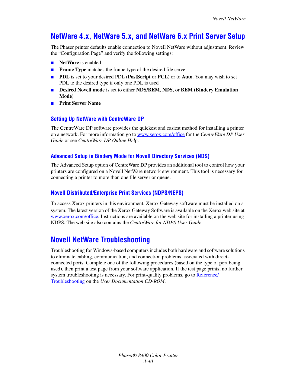 Novell netware troubleshooting | Xerox Phaser Color Printer 8400 User Manual | Page 136 / 203