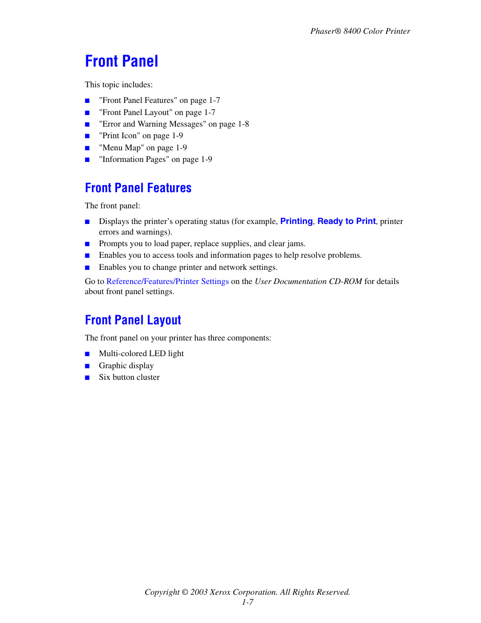 Front panel, Front panel features, Front panel layout | Front panel -7, Front panel features -7 front panel layout -7 | Xerox Phaser Color Printer 8400 User Manual | Page 14 / 203