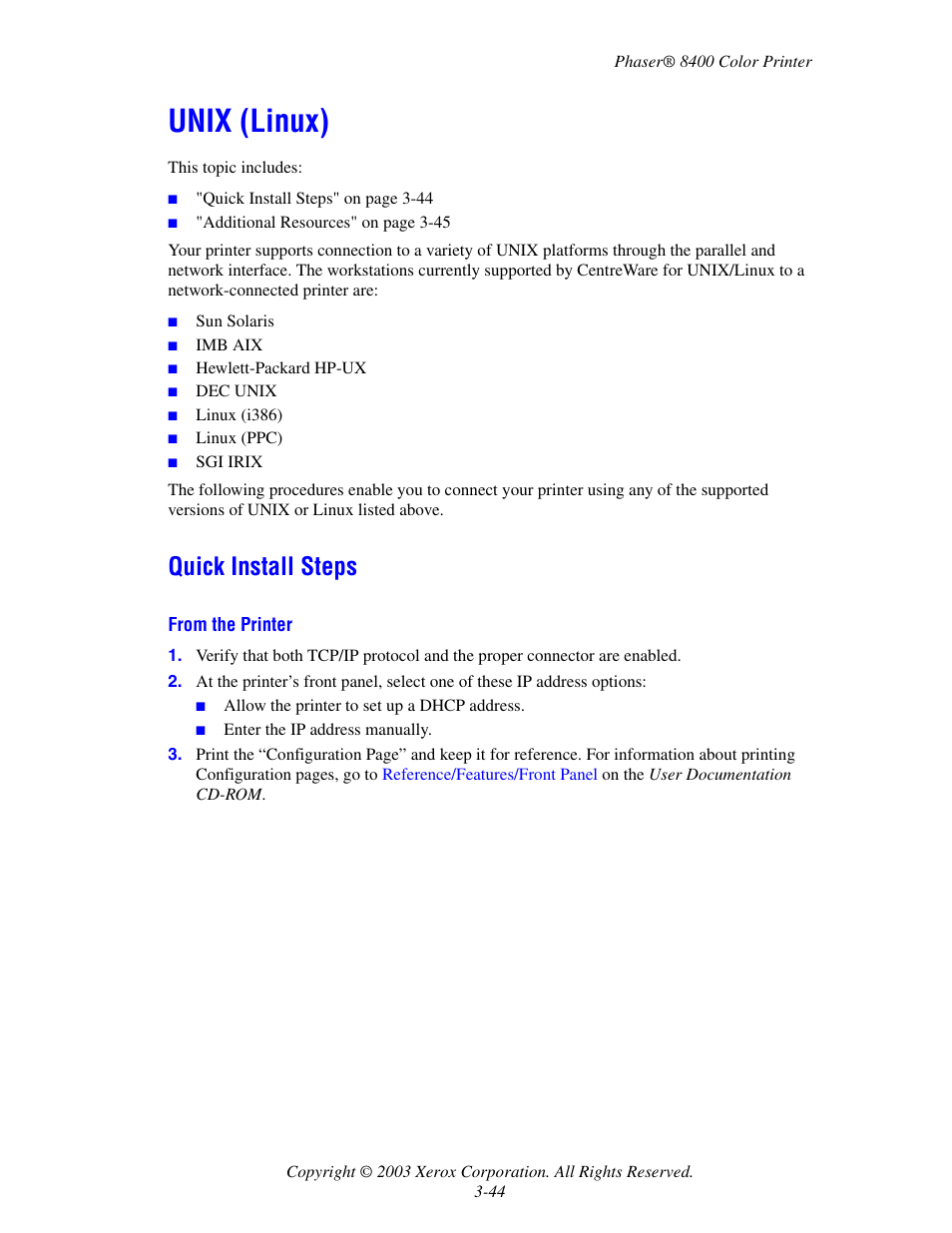 Unix (linux), Quick install steps, Unix (linux) -44 | Quick install steps -44 | Xerox Phaser Color Printer 8400 User Manual | Page 140 / 203