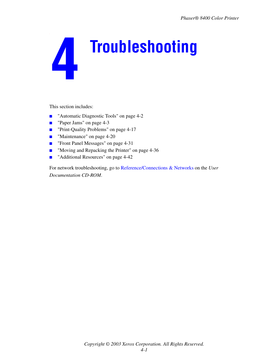 Troubleshooting, 4 troubleshooting | Xerox Phaser Color Printer 8400 User Manual | Page 142 / 203