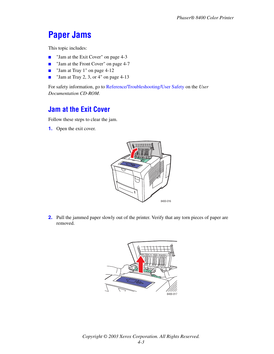 Paper jams, Jam at the exit cover, Paper jams -3 | Jam at the exit cover -3 | Xerox Phaser Color Printer 8400 User Manual | Page 144 / 203