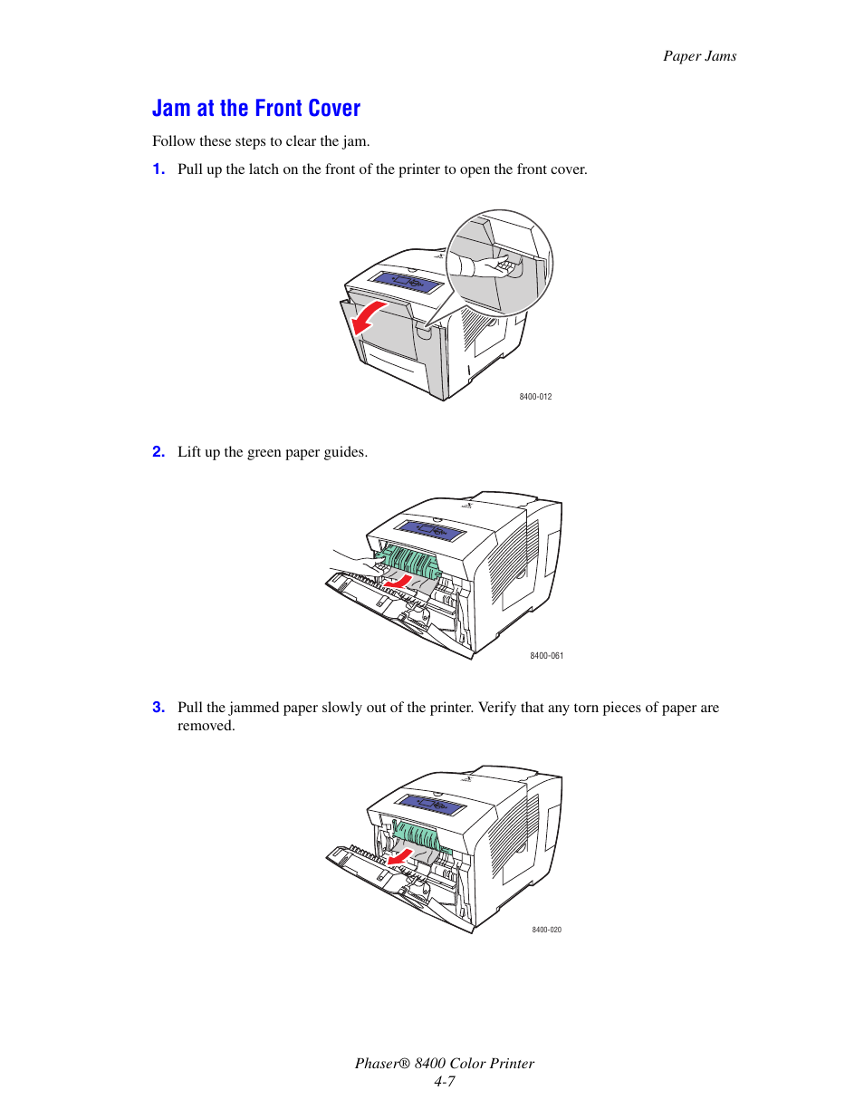 Jam at the front cover, Jam at the front cover -7 | Xerox Phaser Color Printer 8400 User Manual | Page 148 / 203