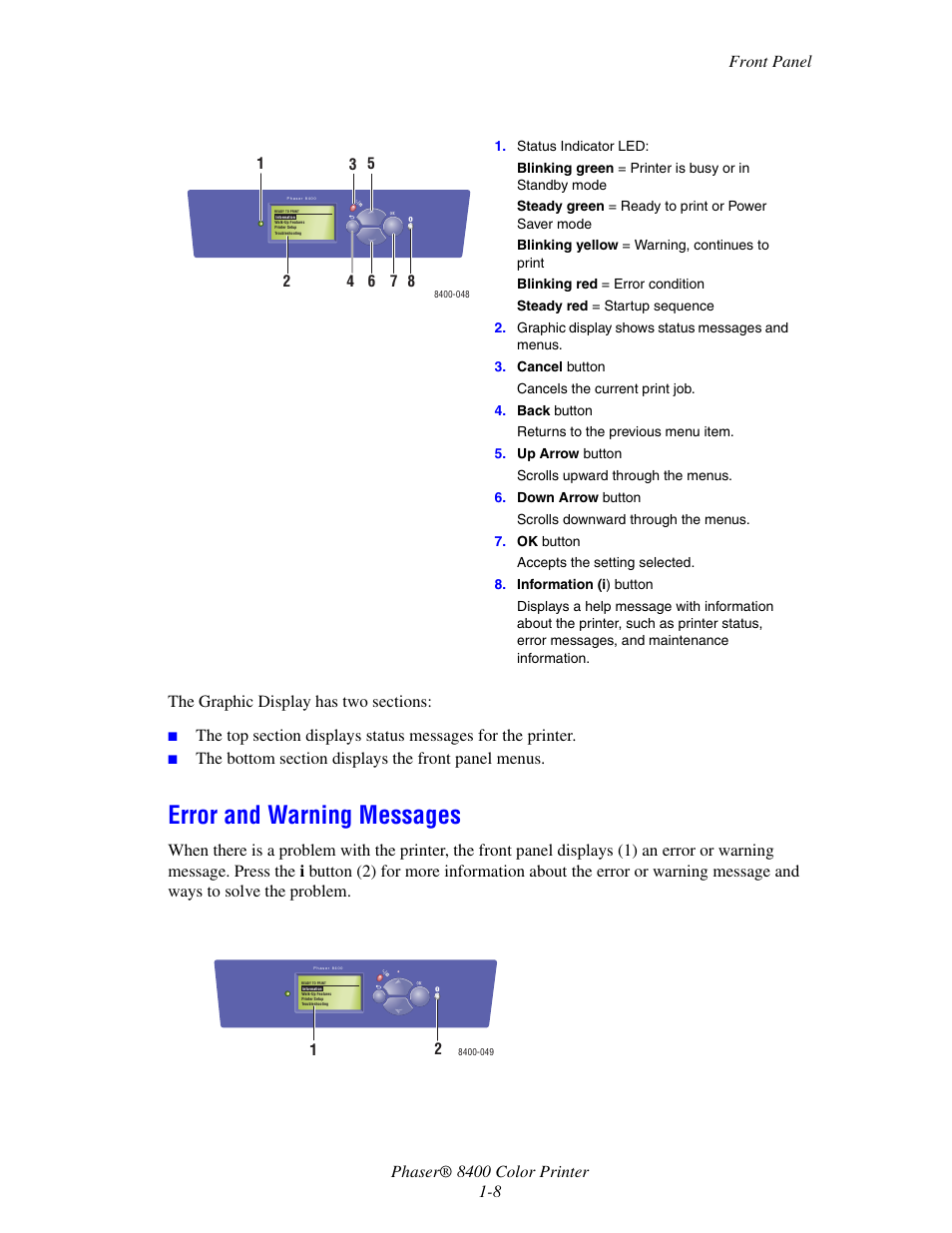 Error and warning messages, Error and warning messages -8 | Xerox Phaser Color Printer 8400 User Manual | Page 15 / 203