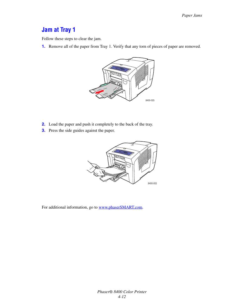 Jam at tray 1, Jam at tray 1 -12 | Xerox Phaser Color Printer 8400 User Manual | Page 153 / 203