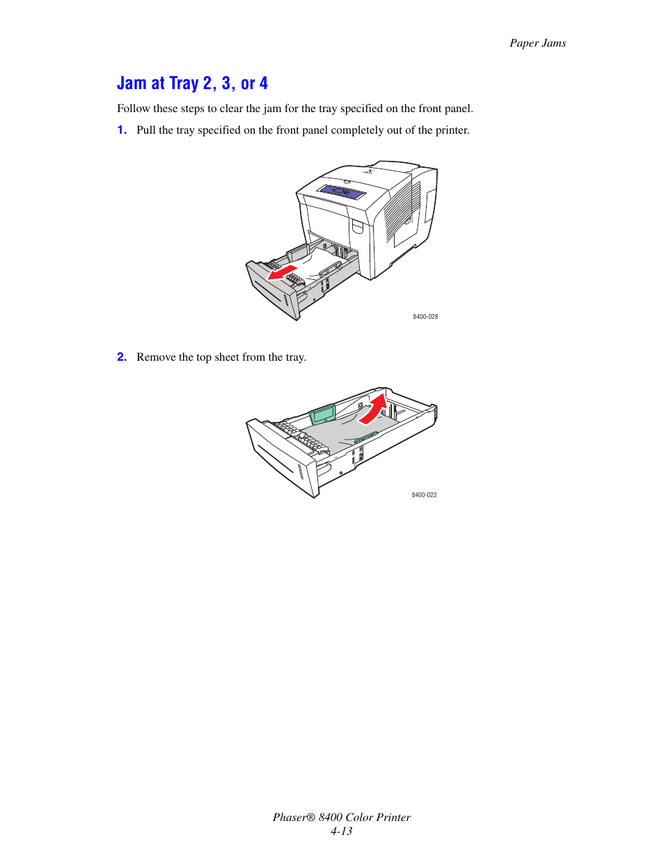 Jam at tray 2, 3, or 4, Jam at tray 2, 3, or 4 -13 | Xerox Phaser Color Printer 8400 User Manual | Page 154 / 203