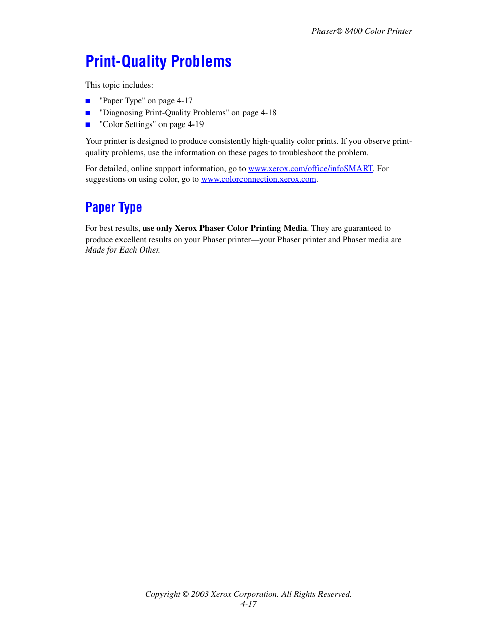 Print-quality problems, Paper type, Print-quality problems -17 | Paper type -17 | Xerox Phaser Color Printer 8400 User Manual | Page 158 / 203