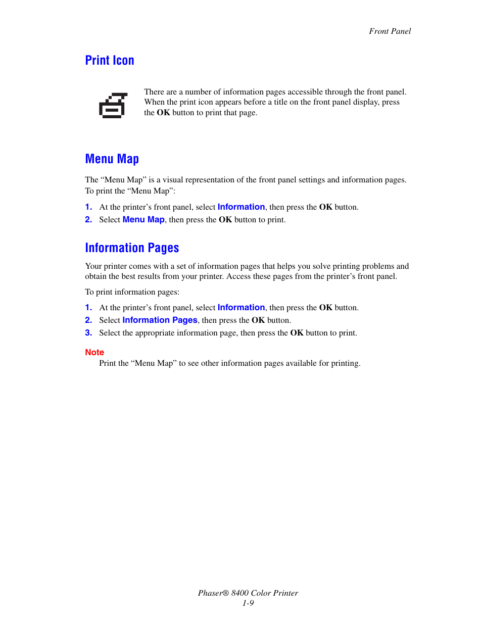 Print icon, Menu map, Print icon menu map | Information pages | Xerox Phaser Color Printer 8400 User Manual | Page 16 / 203