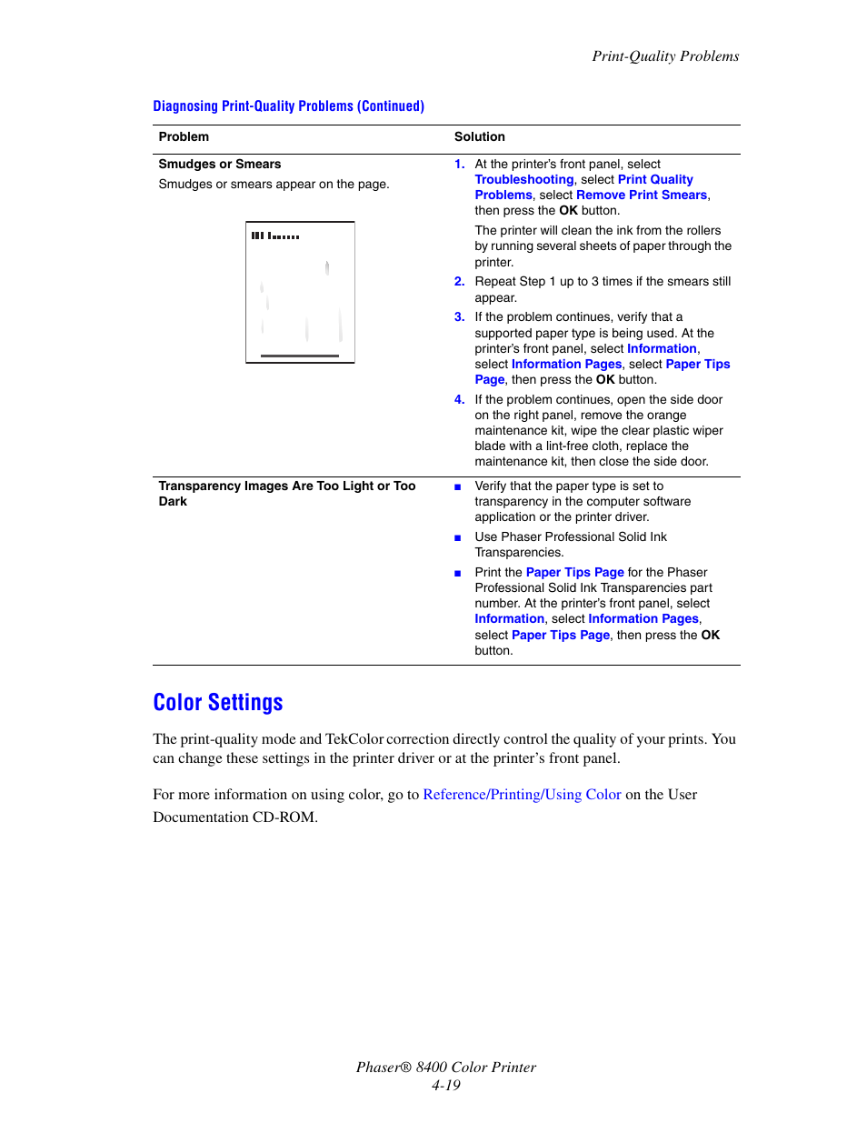 Color settings, Color settings -19 | Xerox Phaser Color Printer 8400 User Manual | Page 160 / 203