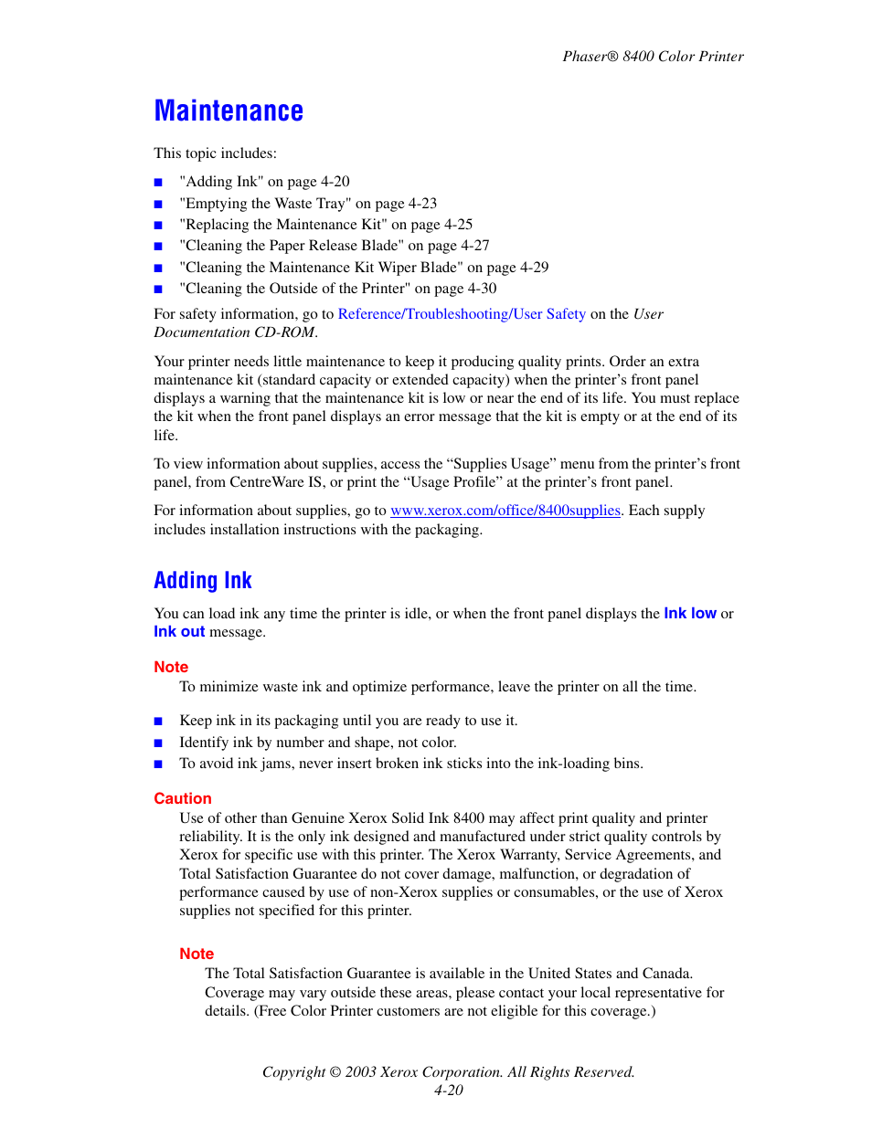 Maintenance, Adding ink, Maintenance -20 | Adding ink -20 | Xerox Phaser Color Printer 8400 User Manual | Page 161 / 203