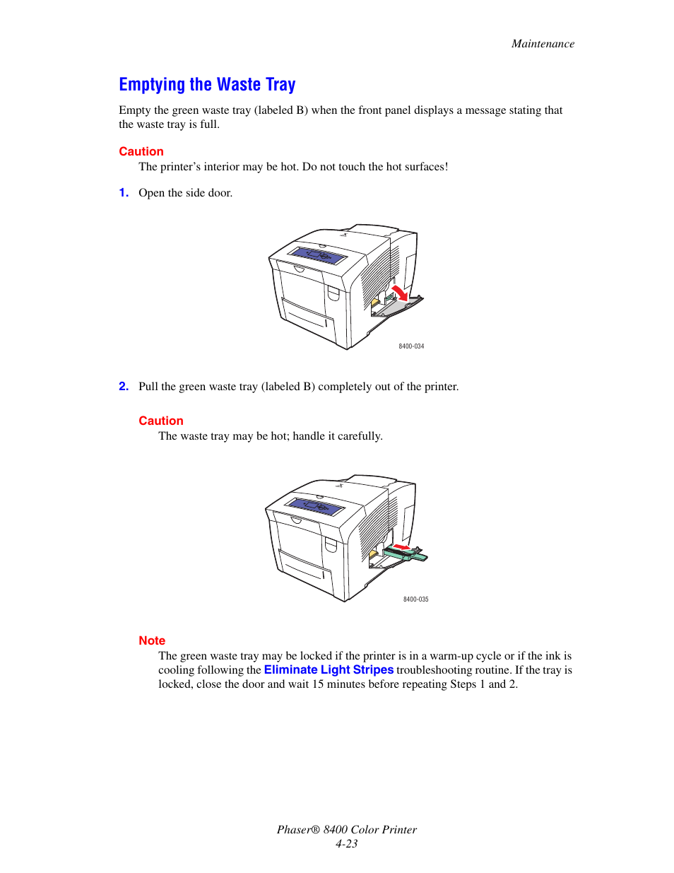 Emptying the waste tray, Emptying the waste tray -23 | Xerox Phaser Color Printer 8400 User Manual | Page 164 / 203