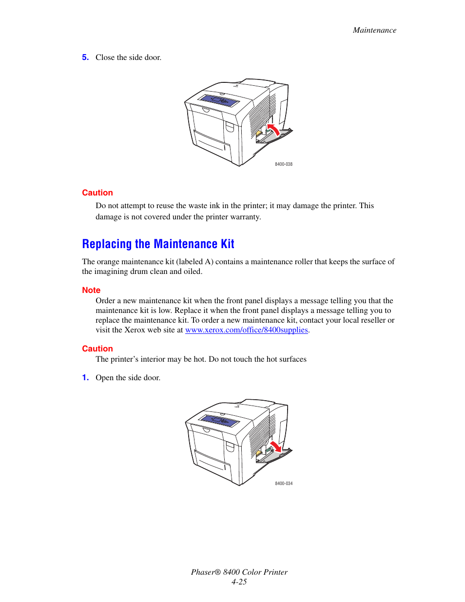 Replacing the maintenance kit, Replacing the maintenance kit -25 | Xerox Phaser Color Printer 8400 User Manual | Page 166 / 203