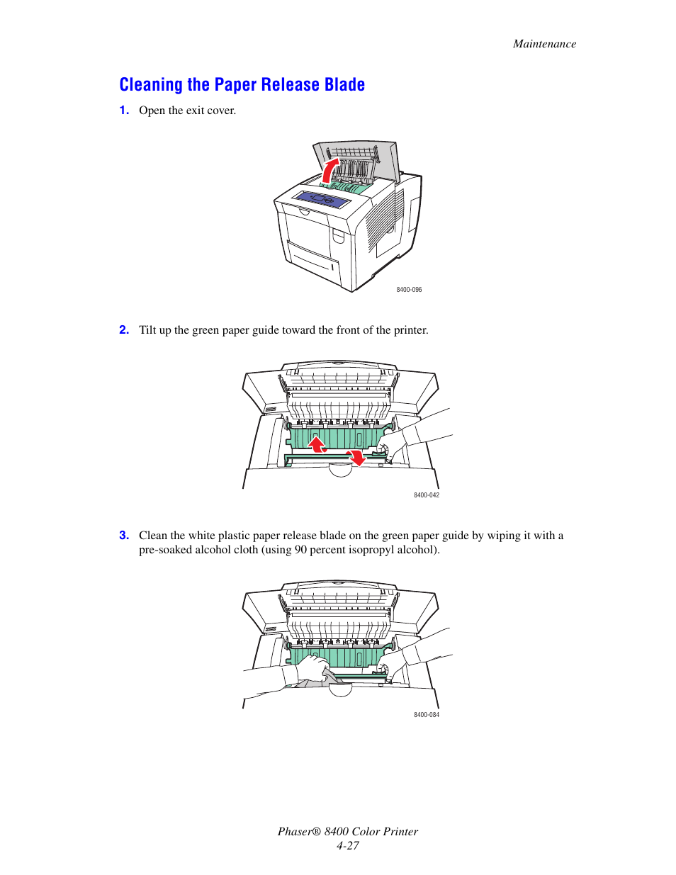 Cleaning the paper release blade, Cleaning the paper release blade -27 | Xerox Phaser Color Printer 8400 User Manual | Page 168 / 203