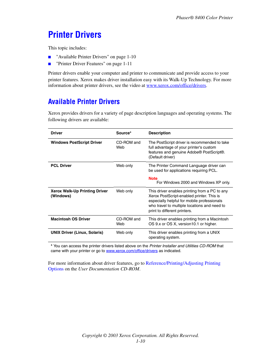 Printer drivers, Available printer drivers, Printer drivers -10 | Available printer drivers -10 | Xerox Phaser Color Printer 8400 User Manual | Page 17 / 203