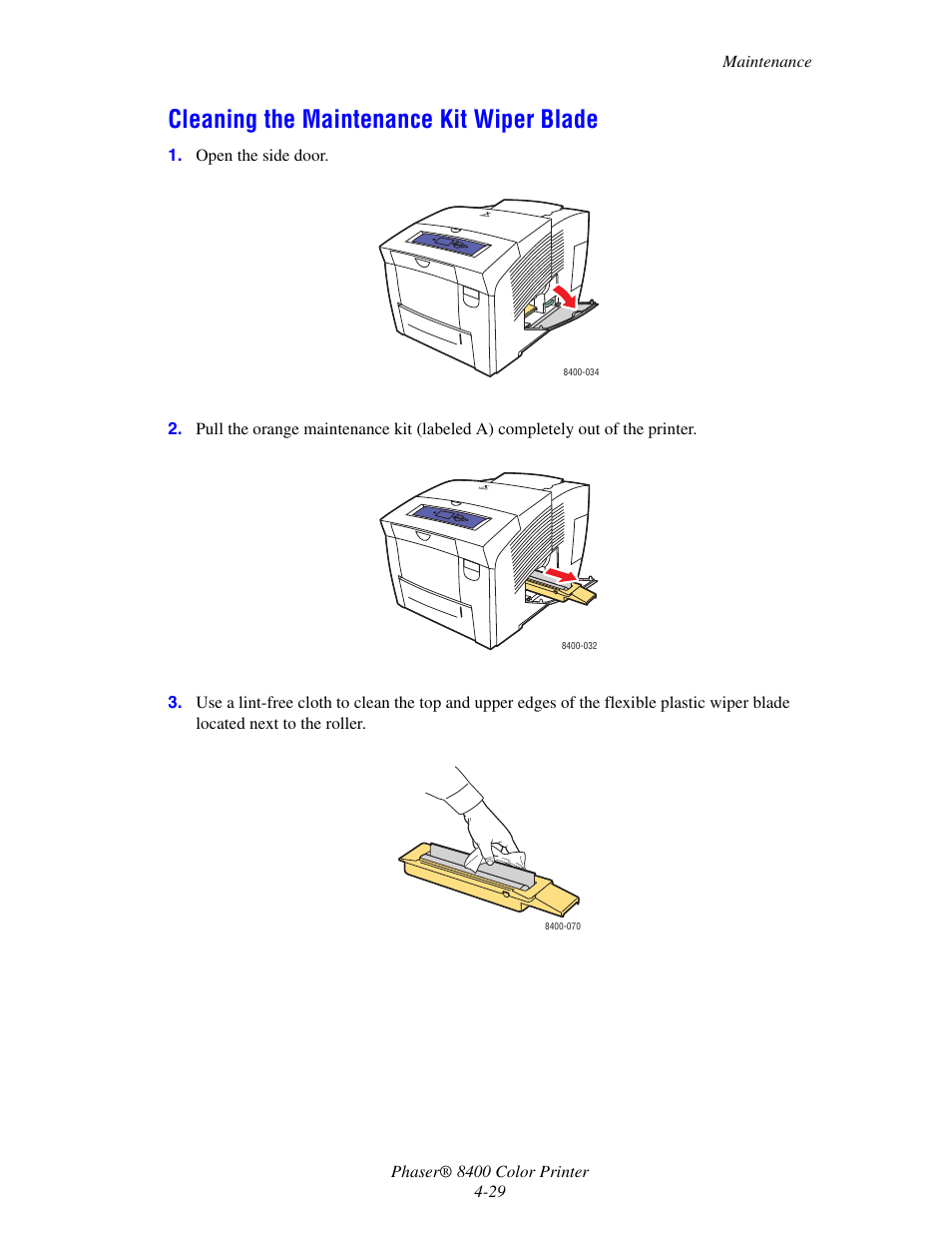 Cleaning the maintenance kit wiper blade, Cleaning the maintenance kit wiper blade -29 | Xerox Phaser Color Printer 8400 User Manual | Page 170 / 203