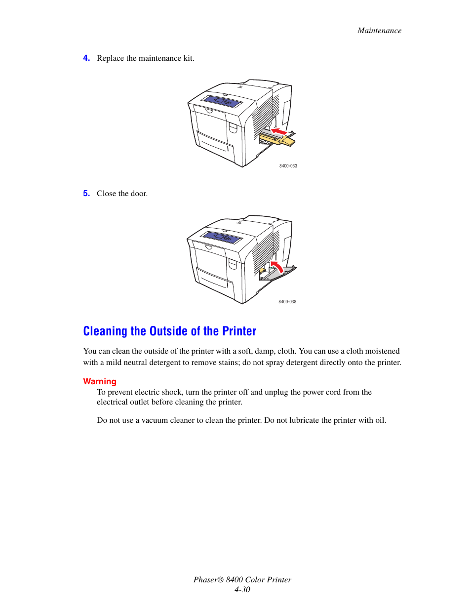 Cleaning the outside of the printer, Cleaning the outside of the printer -30 | Xerox Phaser Color Printer 8400 User Manual | Page 171 / 203