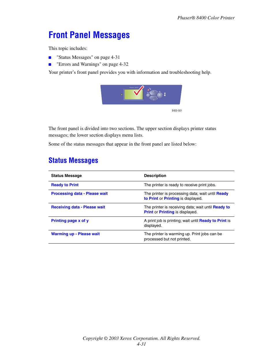 Front panel messages, Status messages, Front panel messages -31 | Status messages -31 | Xerox Phaser Color Printer 8400 User Manual | Page 172 / 203