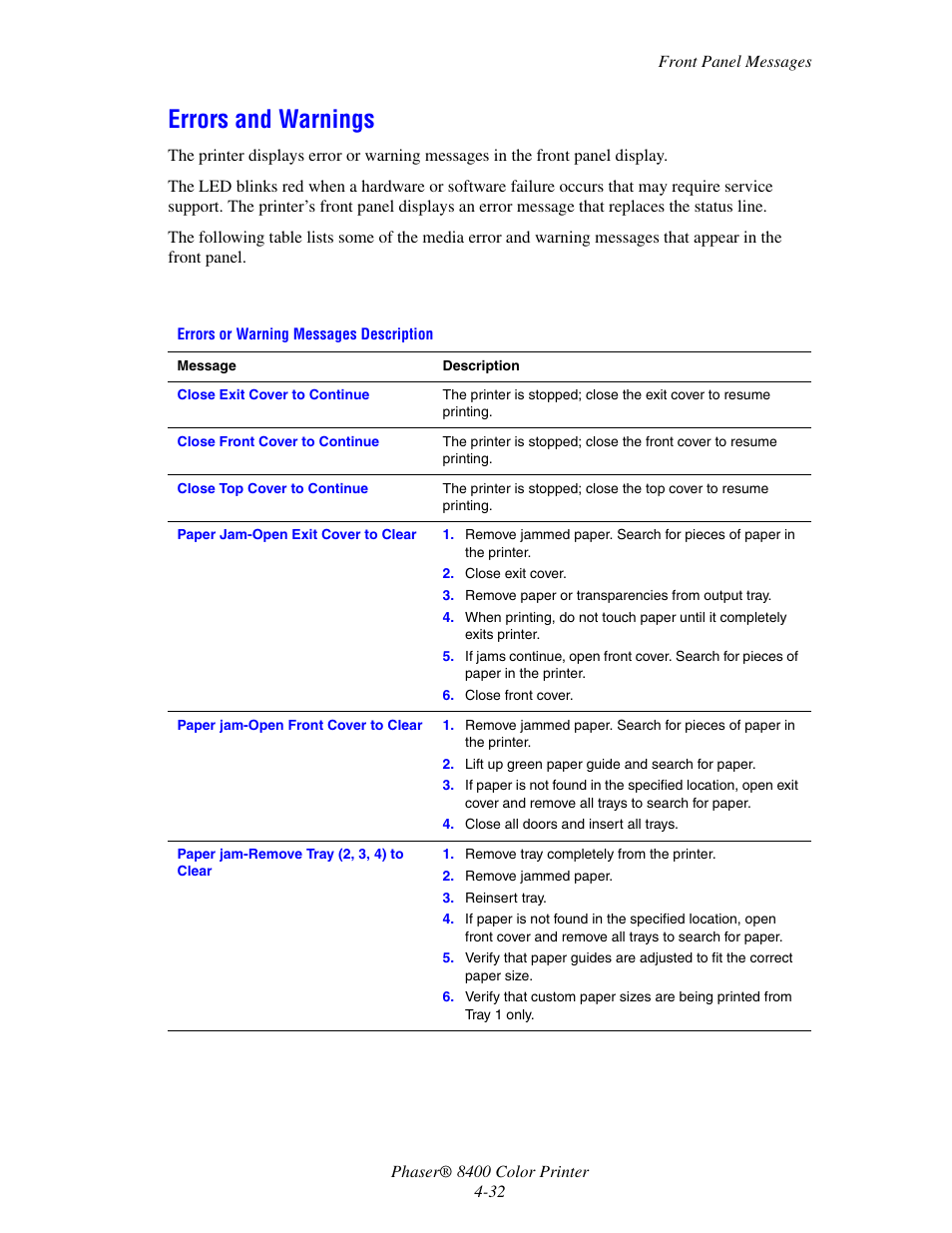 Errors and warnings, Errors and warnings -32 | Xerox Phaser Color Printer 8400 User Manual | Page 173 / 203