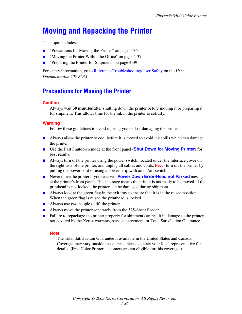 Moving and repacking the printer, Precautions for moving the printer, Moving and repacking the printer -36 | Precautions for moving the printer -36 | Xerox Phaser Color Printer 8400 User Manual | Page 177 / 203