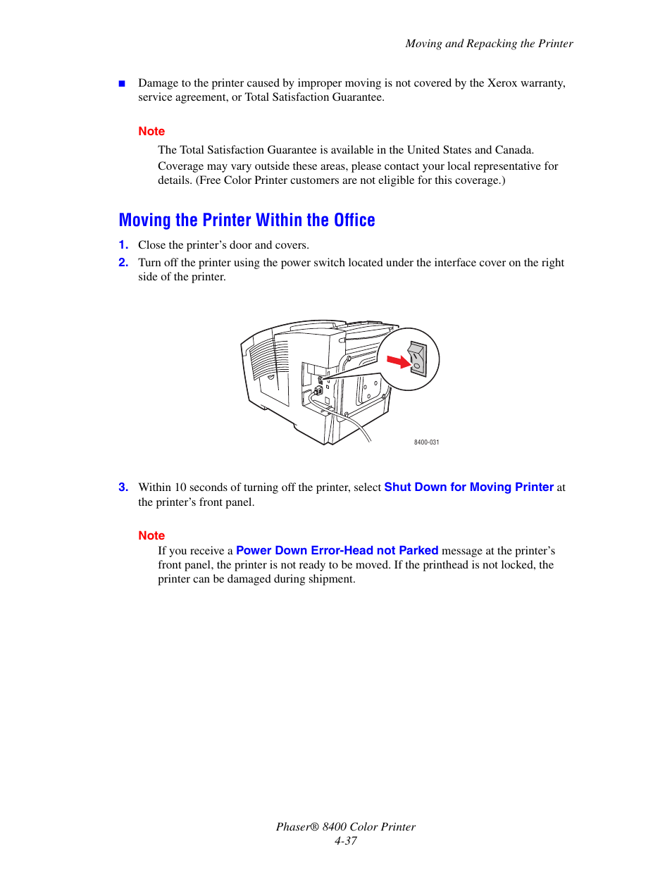 Moving the printer within the office, Moving the printer within the office -37 | Xerox Phaser Color Printer 8400 User Manual | Page 178 / 203