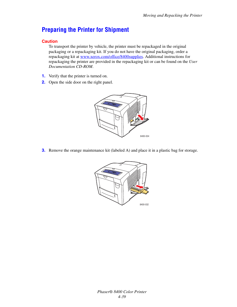 Preparing the printer for shipment, Preparing the printer for shipment -39 | Xerox Phaser Color Printer 8400 User Manual | Page 180 / 203