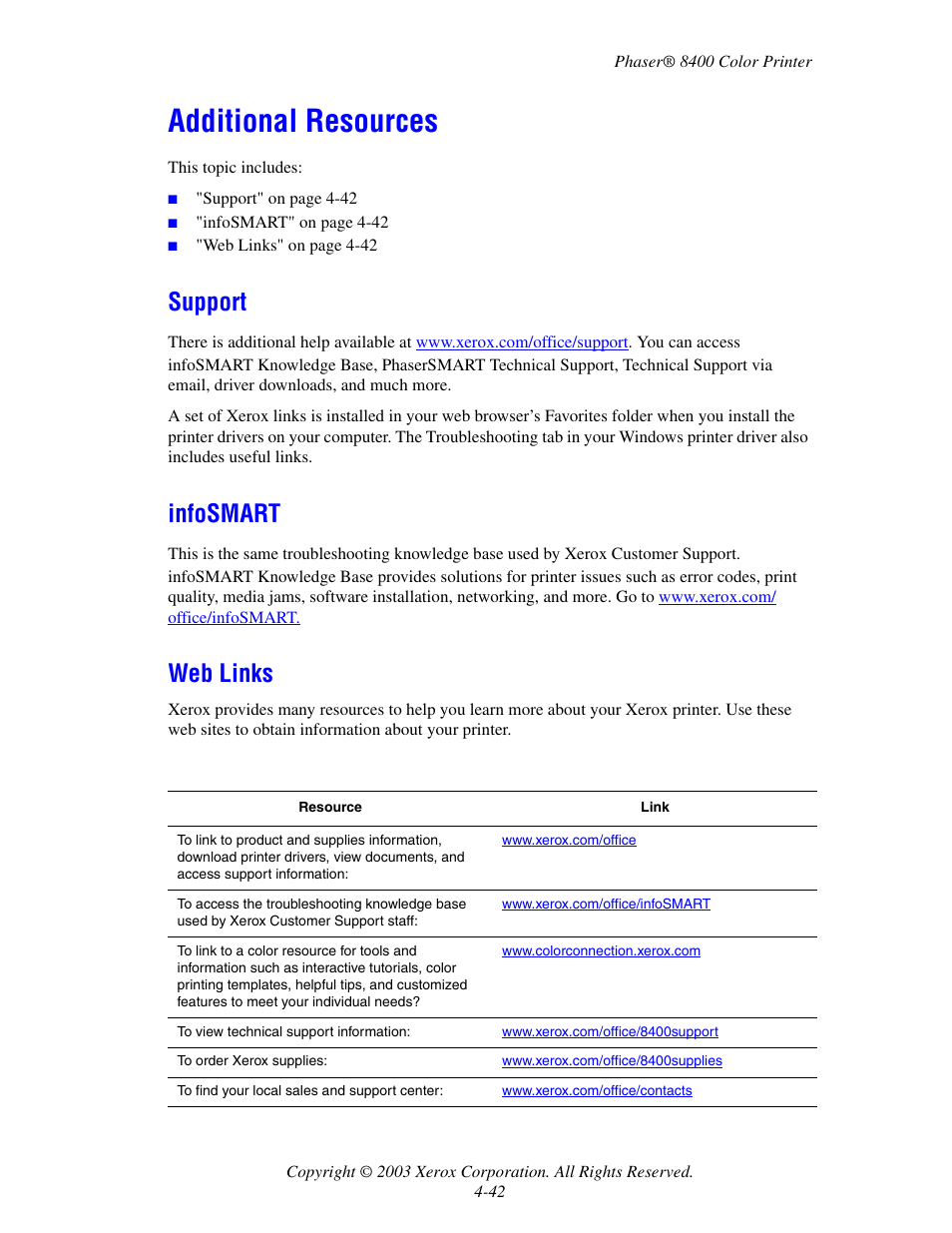 Additional resources, Support, Infosmart | Web links, Additional resources -42, Support -42 infosmart -42 web links -42 | Xerox Phaser Color Printer 8400 User Manual | Page 183 / 203