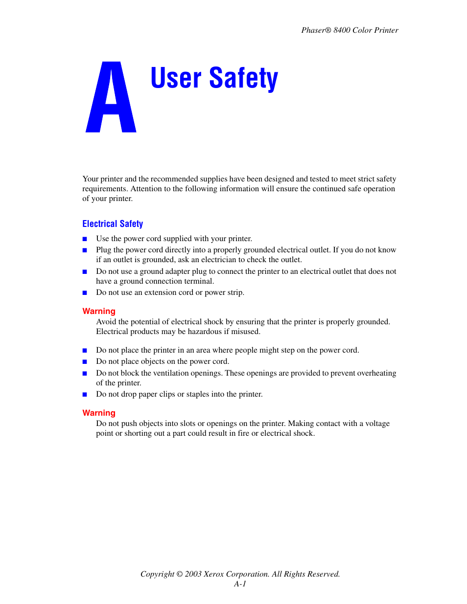 User safety, A user safety | Xerox Phaser Color Printer 8400 User Manual | Page 184 / 203