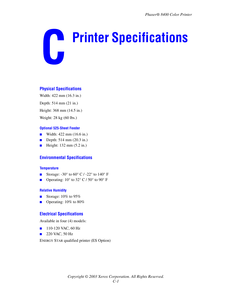Printer specifications, C printer specifications | Xerox Phaser Color Printer 8400 User Manual | Page 190 / 203
