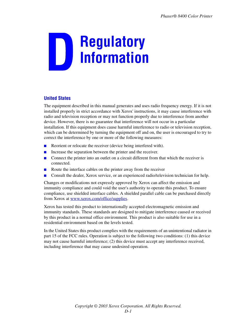Regulatory information | Xerox Phaser Color Printer 8400 User Manual | Page 192 / 203