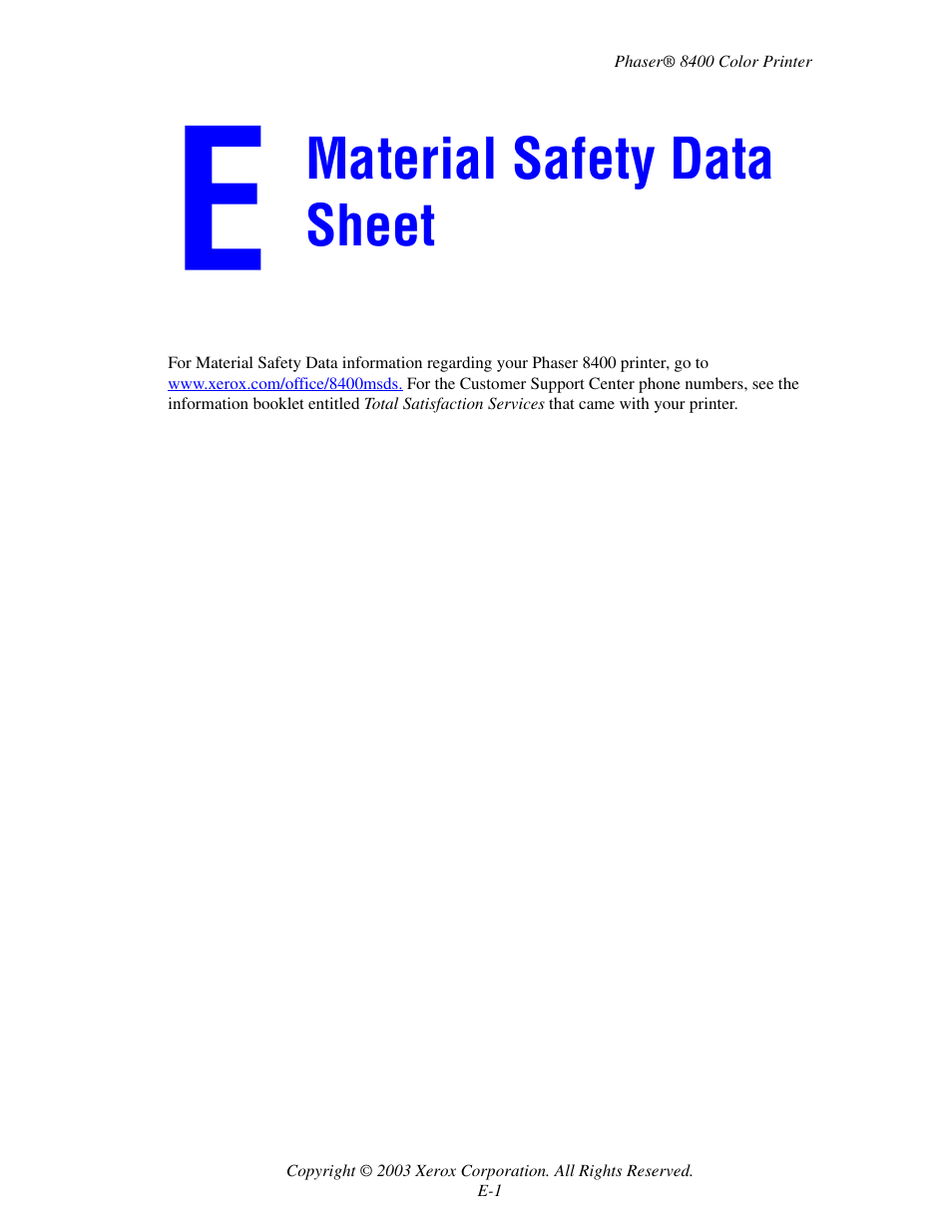 Material safety data sheet, E material safety data sheet | Xerox Phaser Color Printer 8400 User Manual | Page 195 / 203