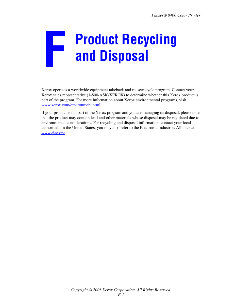Product recycling and disposal, F product recycling and disposal | Xerox Phaser Color Printer 8400 User Manual | Page 196 / 203