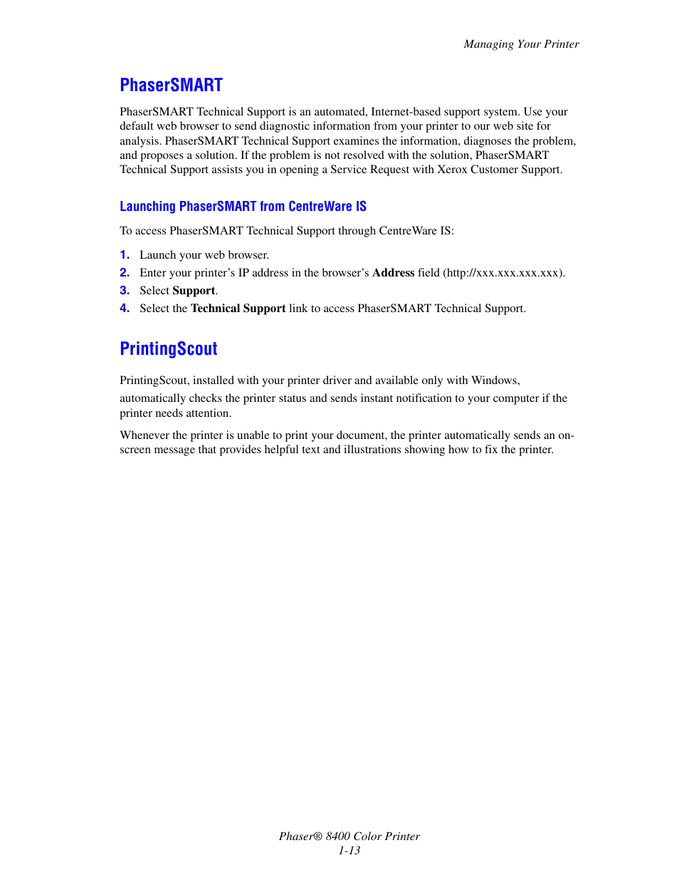 Phasersmart, Printingscout, Phasersmart -13 printingscout -13 | Xerox Phaser Color Printer 8400 User Manual | Page 20 / 203