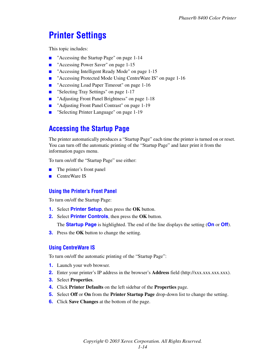 Printer settings, Printer settings -14, Accessing the startup page | Xerox Phaser Color Printer 8400 User Manual | Page 21 / 203