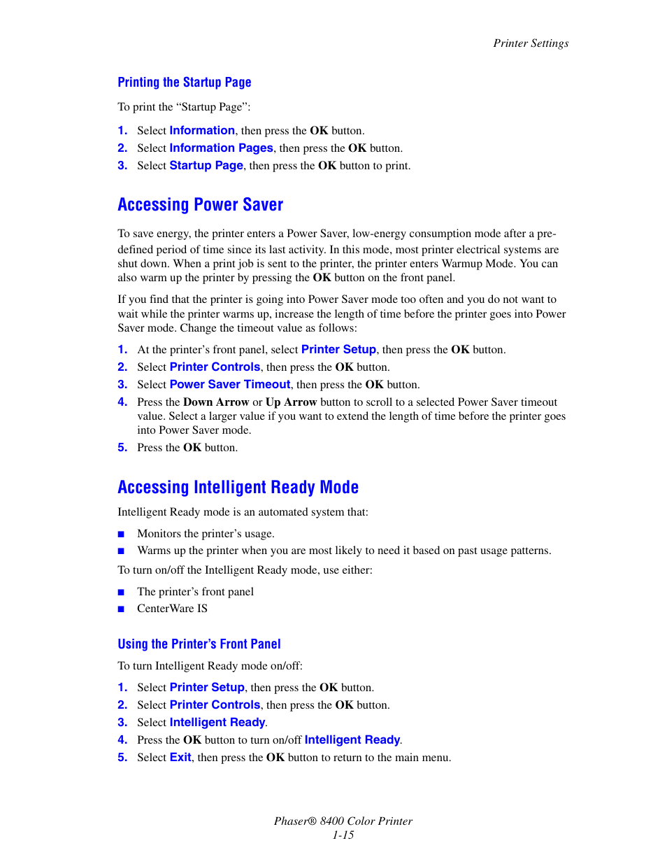 Accessing power saver, Accessing intelligent ready mode | Xerox Phaser Color Printer 8400 User Manual | Page 22 / 203