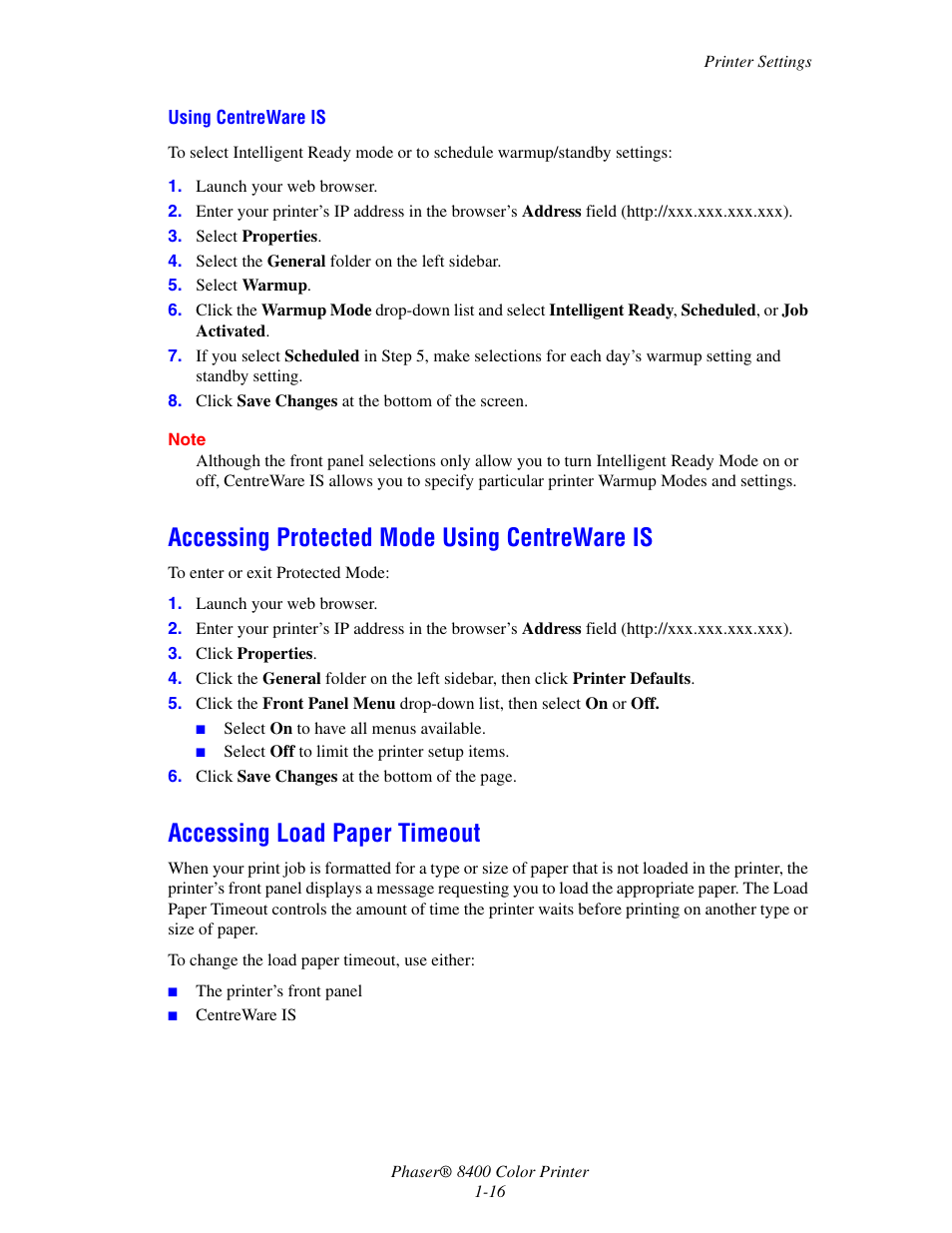 Accessing protected mode using centreware is, Accessing load paper timeout | Xerox Phaser Color Printer 8400 User Manual | Page 23 / 203