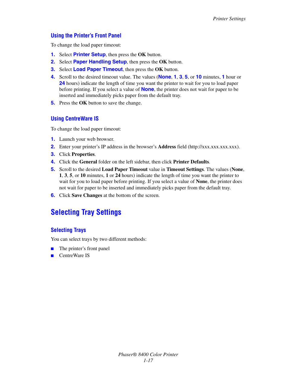 Selecting tray settings, Selecting tray settings -17 | Xerox Phaser Color Printer 8400 User Manual | Page 24 / 203
